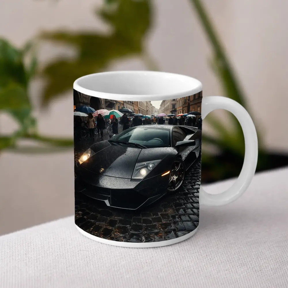 Lamborghini Murcielago Black Rainy Cobblestone Street – Mugs