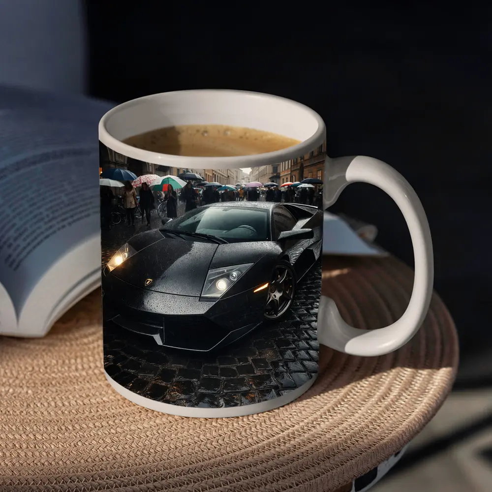Lamborghini Murcielago Black Rainy Cobblestone Street – Mugs