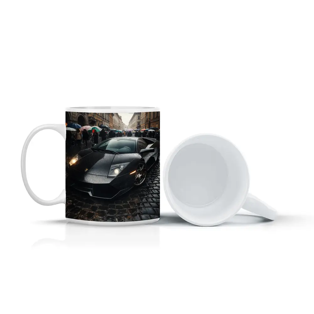 Lamborghini Murcielago Black Rainy Cobblestone Street – Mugs