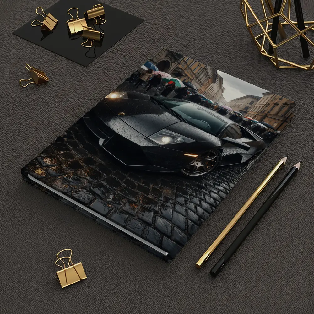 Lamborghini Murcielago Black Rainy Cobblestone Street – Notebooks