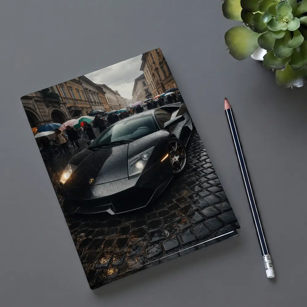 Lamborghini Murcielago Black Rainy Cobblestone Street – Notebooks