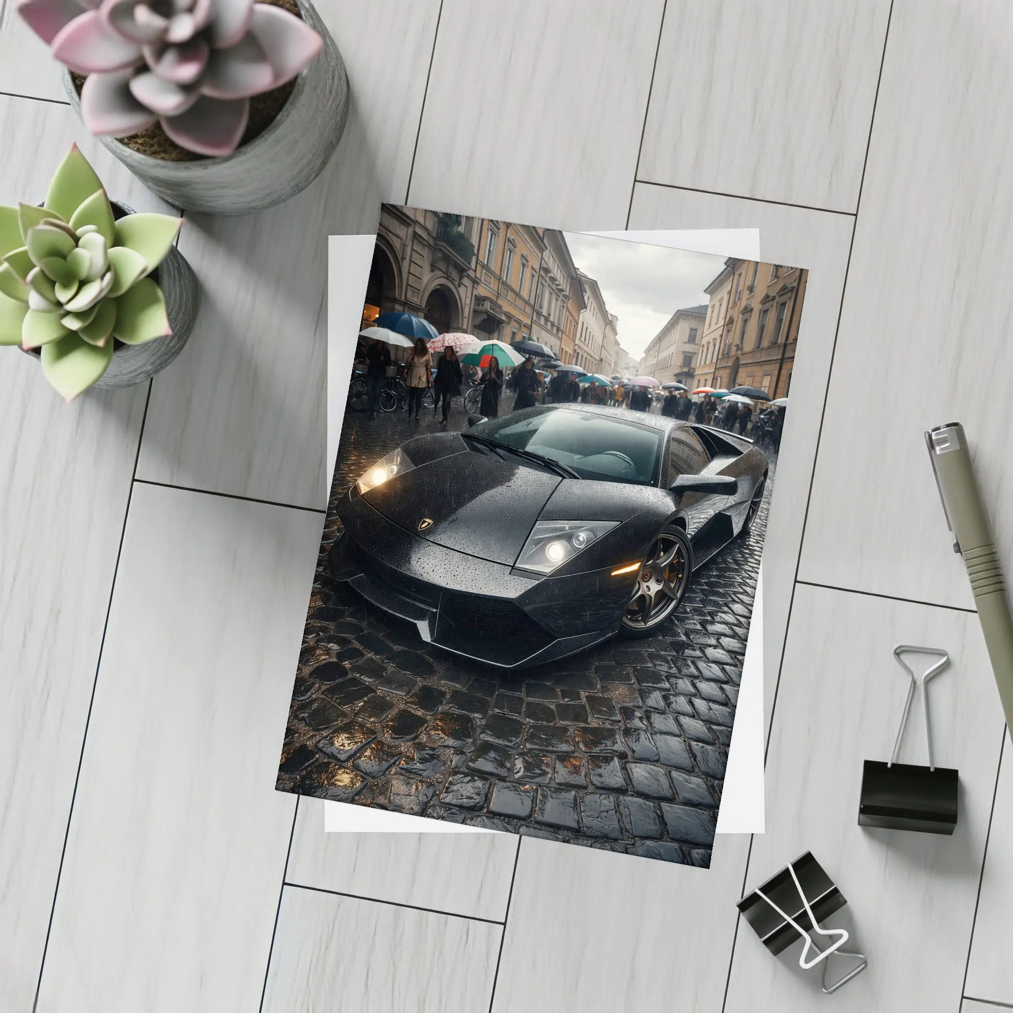 Lamborghini Murcielago Black Rainy Cobblestone Street – Postcards