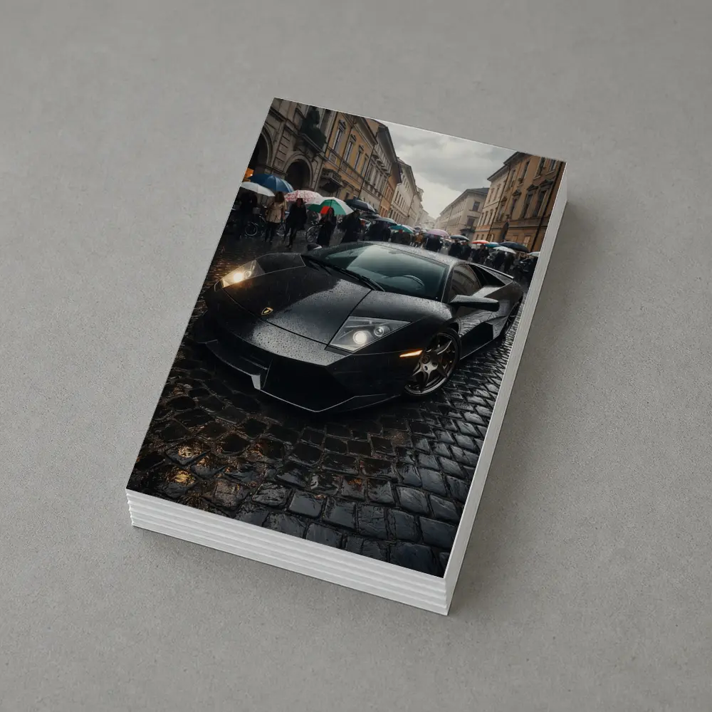 Lamborghini Murcielago Black Rainy Cobblestone Street – Postcards