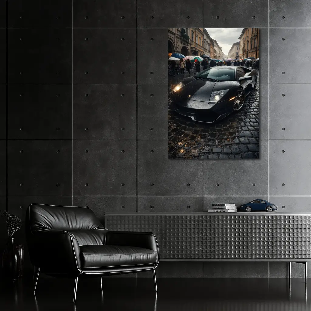 Lamborghini Murcielago Black Rainy Cobblestone Street – Wall Art