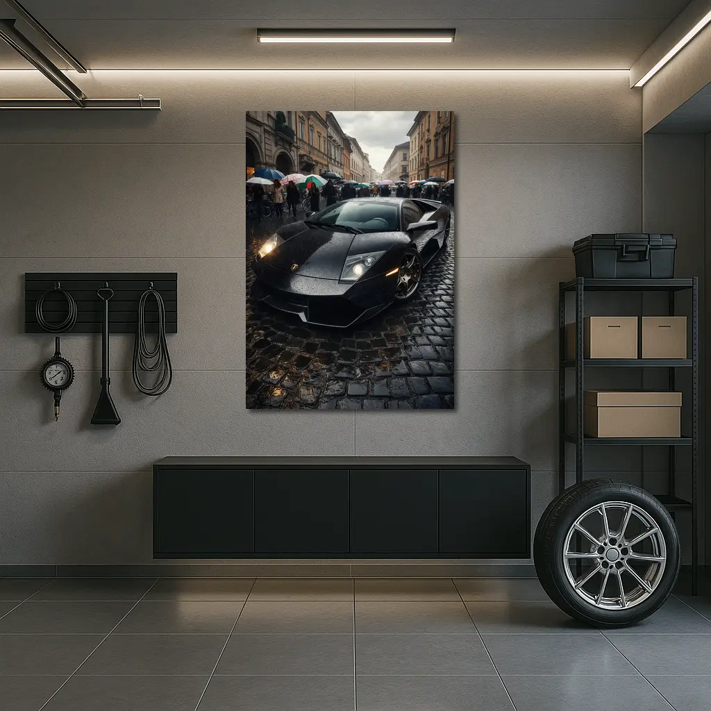Lamborghini Murcielago Black Rainy Cobblestone Street – Wall Art