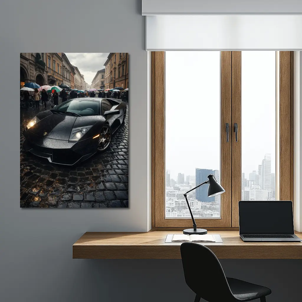 Lamborghini Murcielago Black Rainy Cobblestone Street – Wall Art