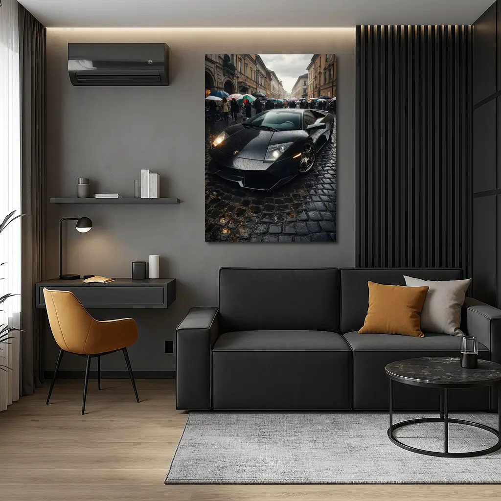 Lamborghini Murcielago Black Rainy Cobblestone Street – Wall Art