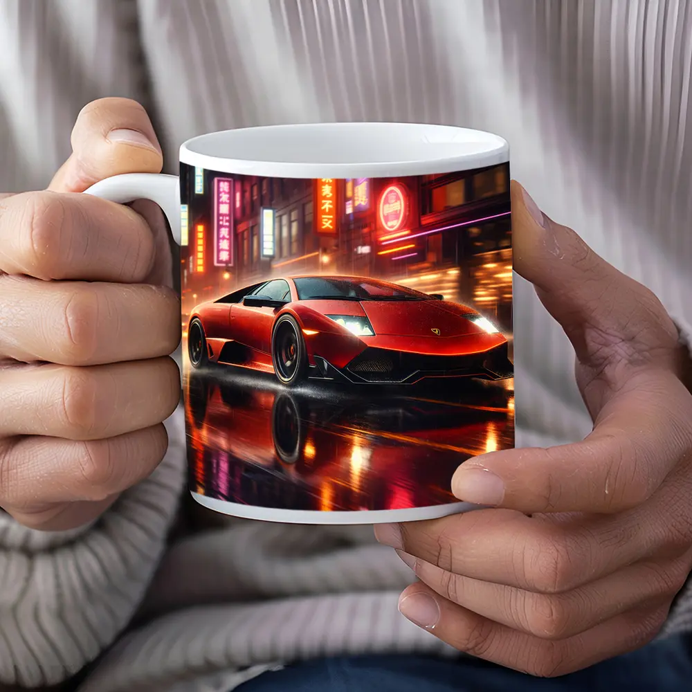 Lamborghini Murcielago Red Neon Rainy City Night – Mugs