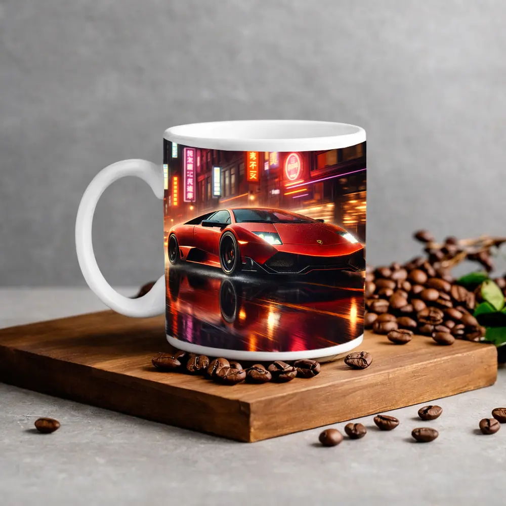 Lamborghini Murcielago Red Neon Rainy City Night – Mugs