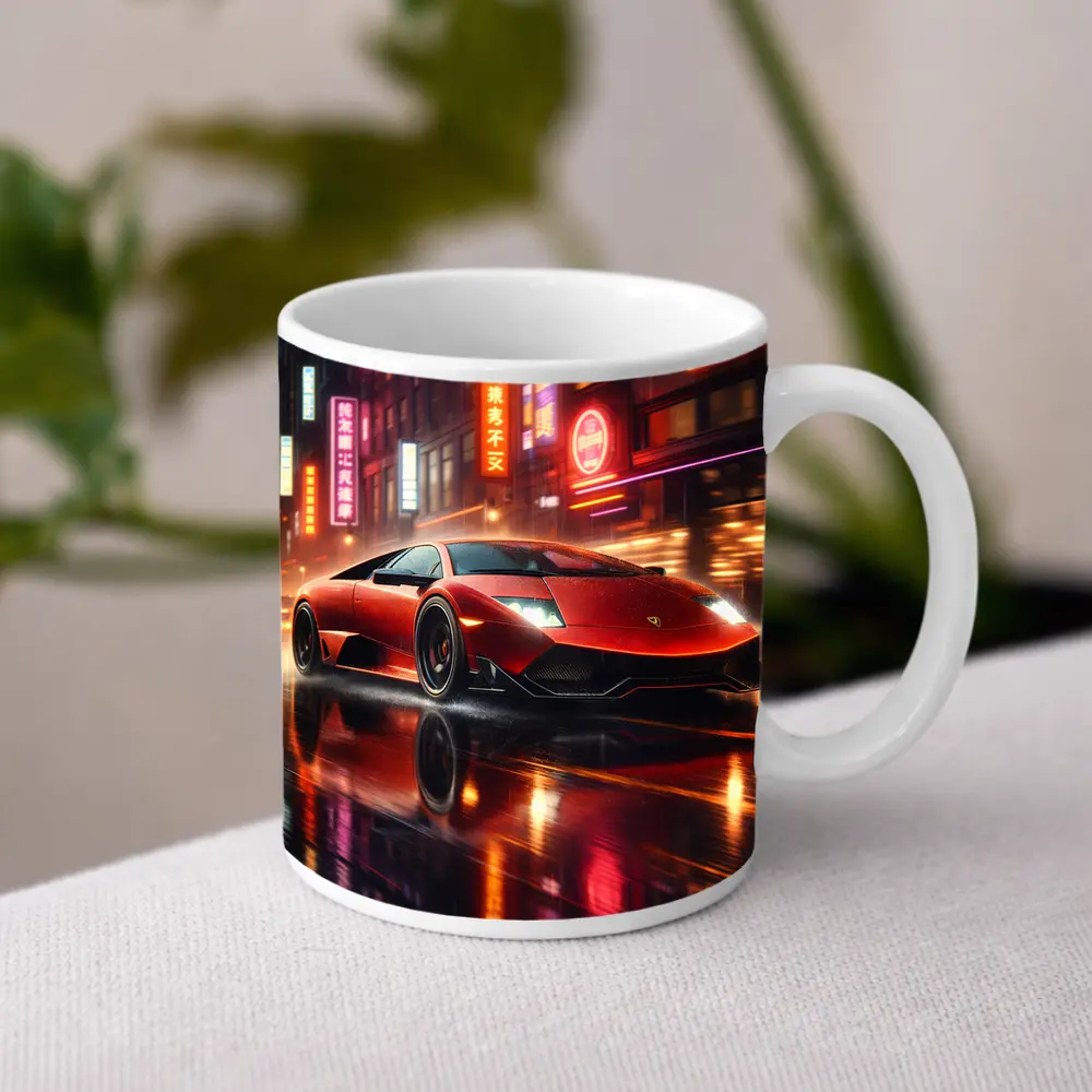 Lamborghini Murcielago Red Neon Rainy City Night – Mugs