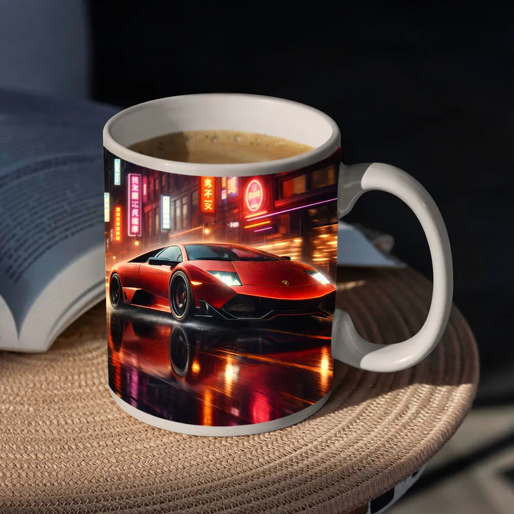 Lamborghini Murcielago Red Neon Rainy City Night – Mugs