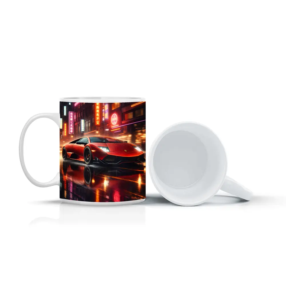 Lamborghini Murcielago Red Neon Rainy City Night – Mugs