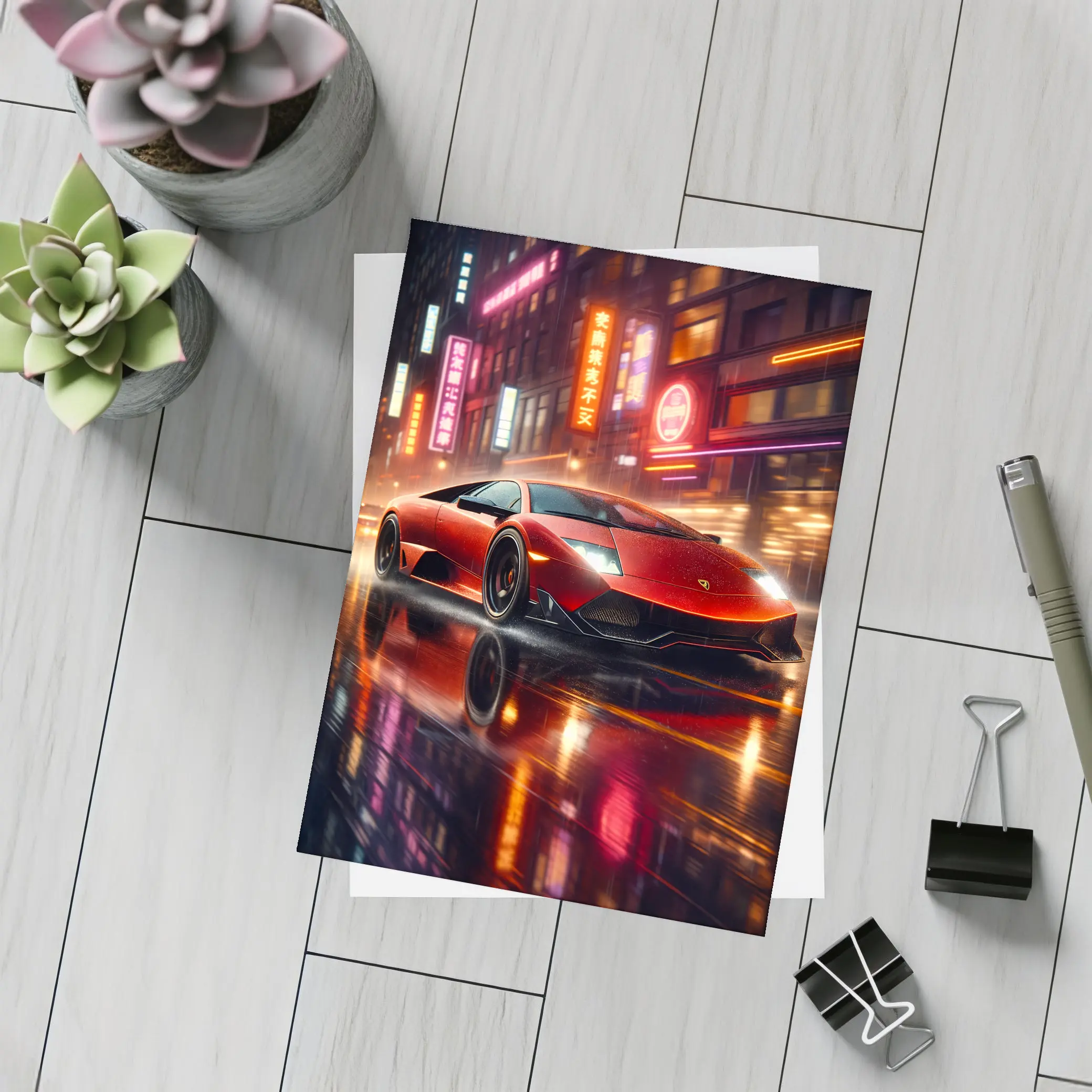 Lamborghini Murcielago Red Neon Rainy City Night – Postcards