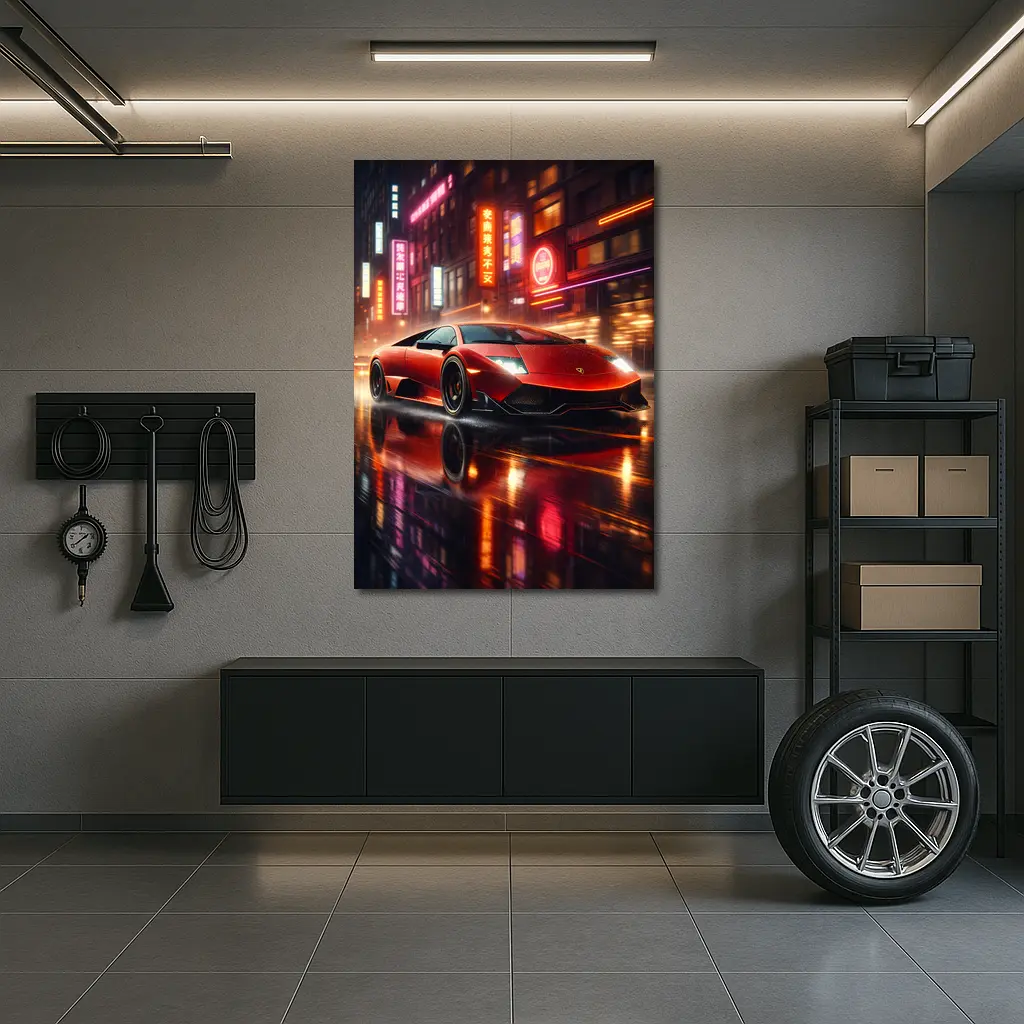 Lamborghini Murcielago Red Neon Rainy City Night – Wall Art