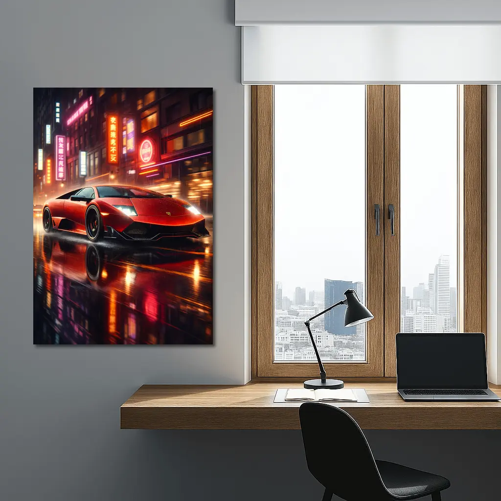 Lamborghini Murcielago Red Neon Rainy City Night – Wall Art