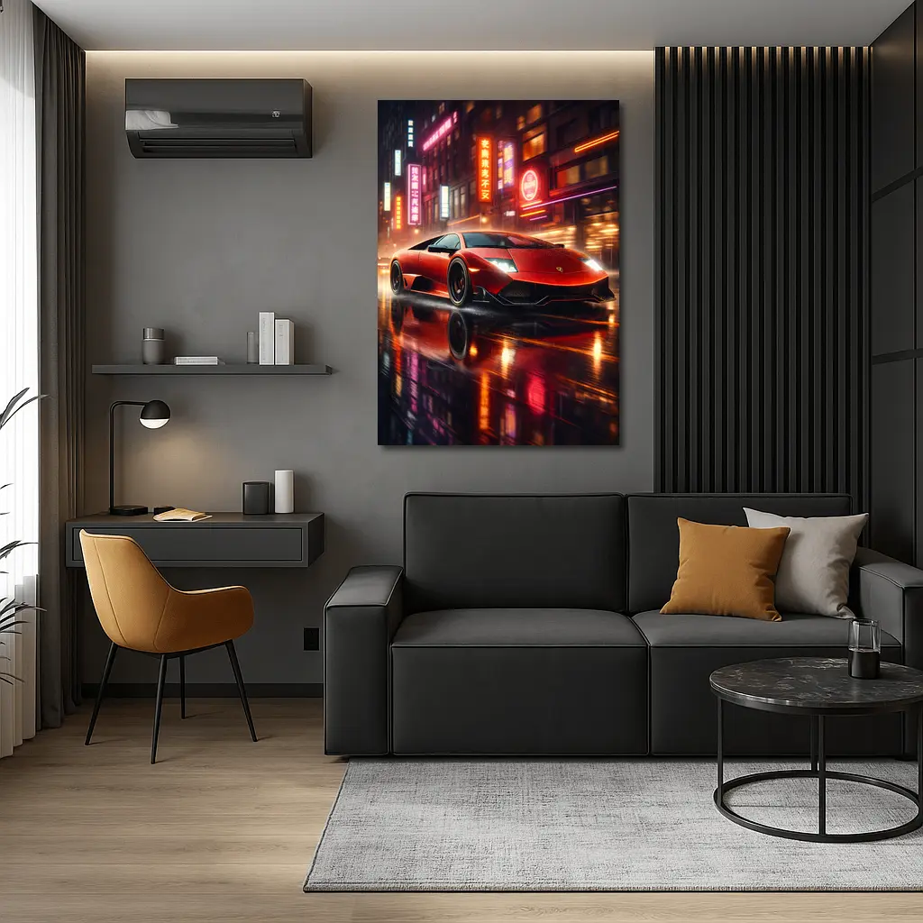 Lamborghini Murcielago Red Neon Rainy City Night – Wall Art
