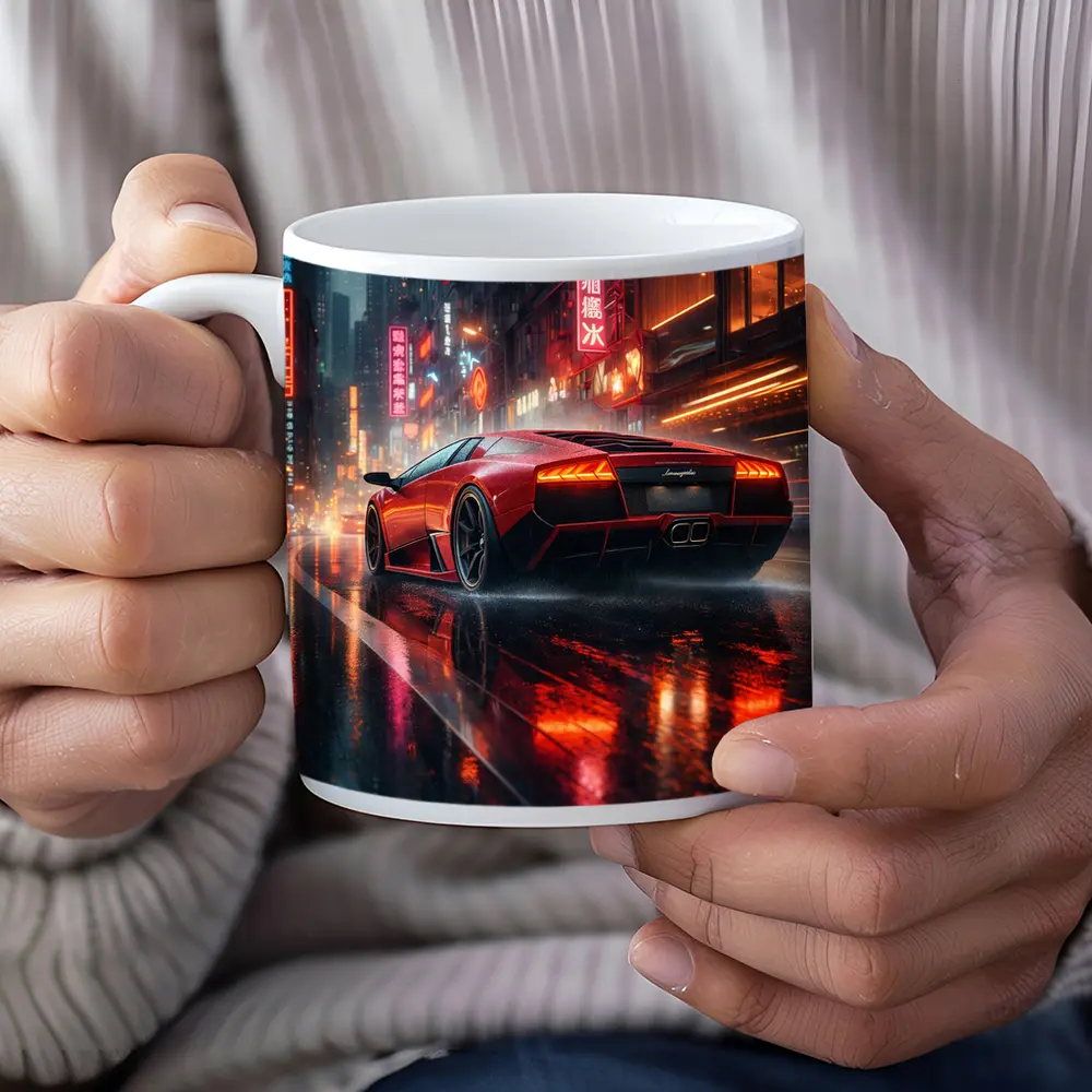 Lamborghini Murcielago Red Rainy Neon City – Mugs