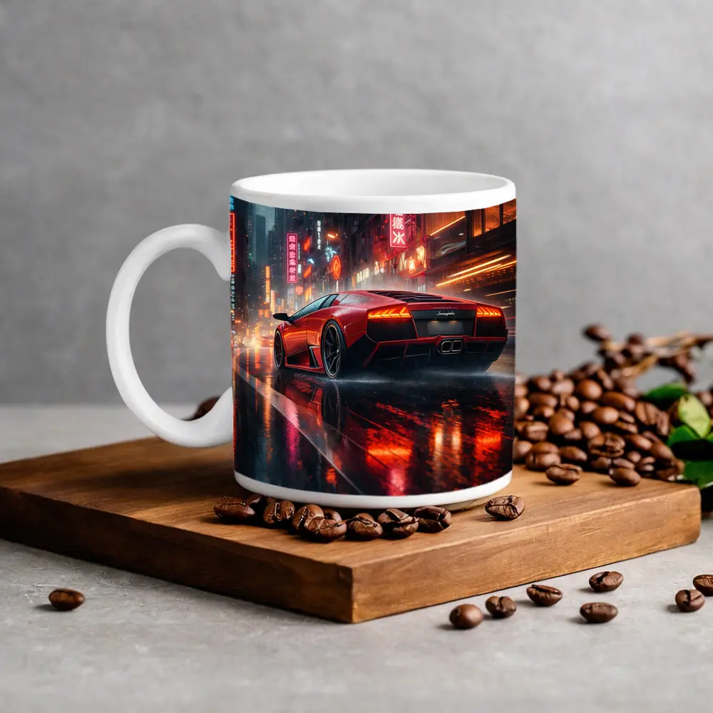 Lamborghini Murcielago Red Rainy Neon City – Mugs