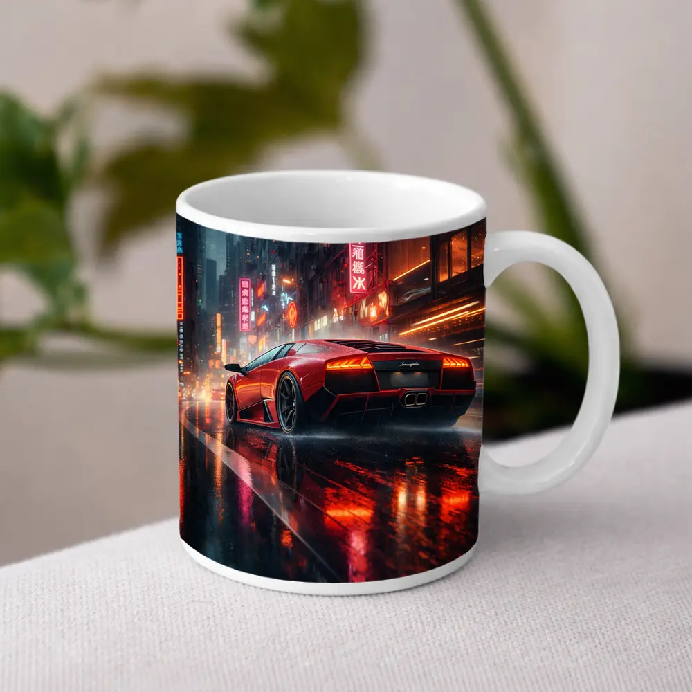 Lamborghini Murcielago Red Rainy Neon City – Mugs