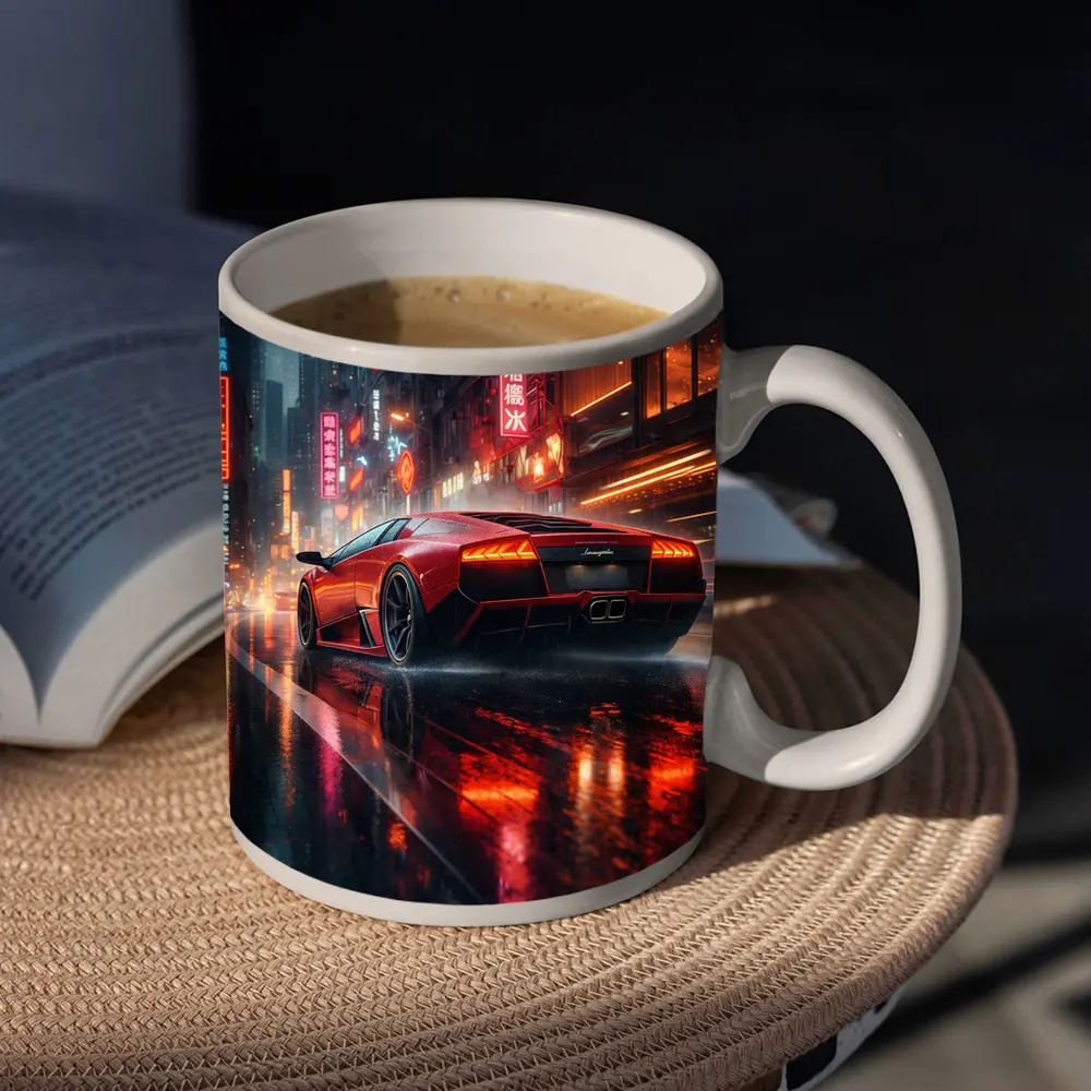 Lamborghini Murcielago Red Rainy Neon City – Mugs
