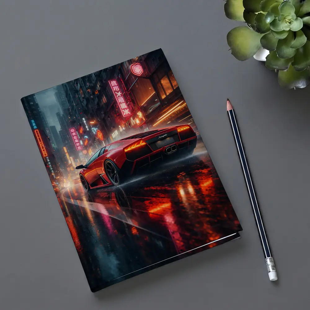 Lamborghini Murcielago Red Rainy Neon City – Notebooks