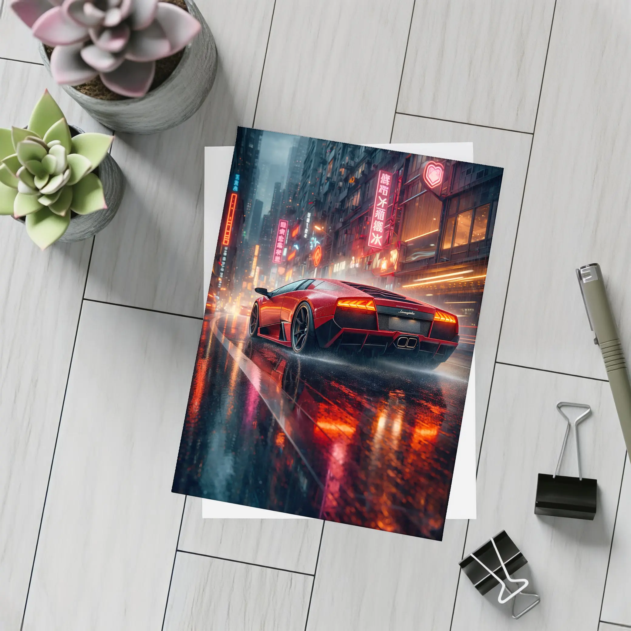 Lamborghini Murcielago Red Rainy Neon City – Postcards