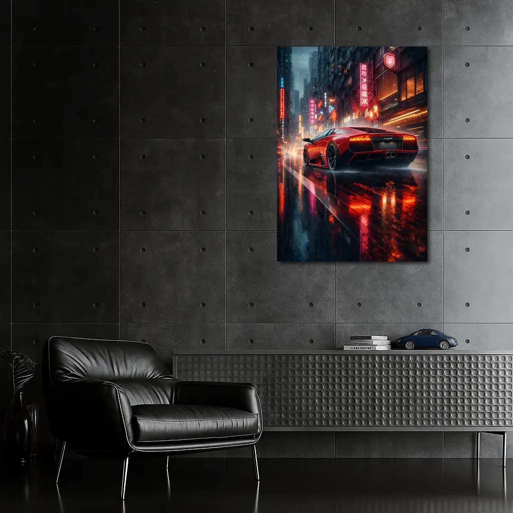 Lamborghini Murcielago Red Rainy Neon City – Wall Art
