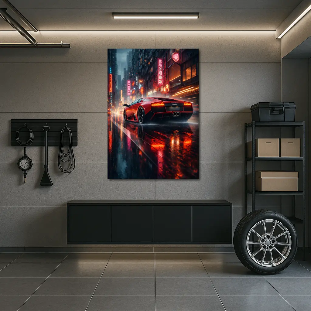 Lamborghini Murcielago Red Rainy Neon City – Wall Art