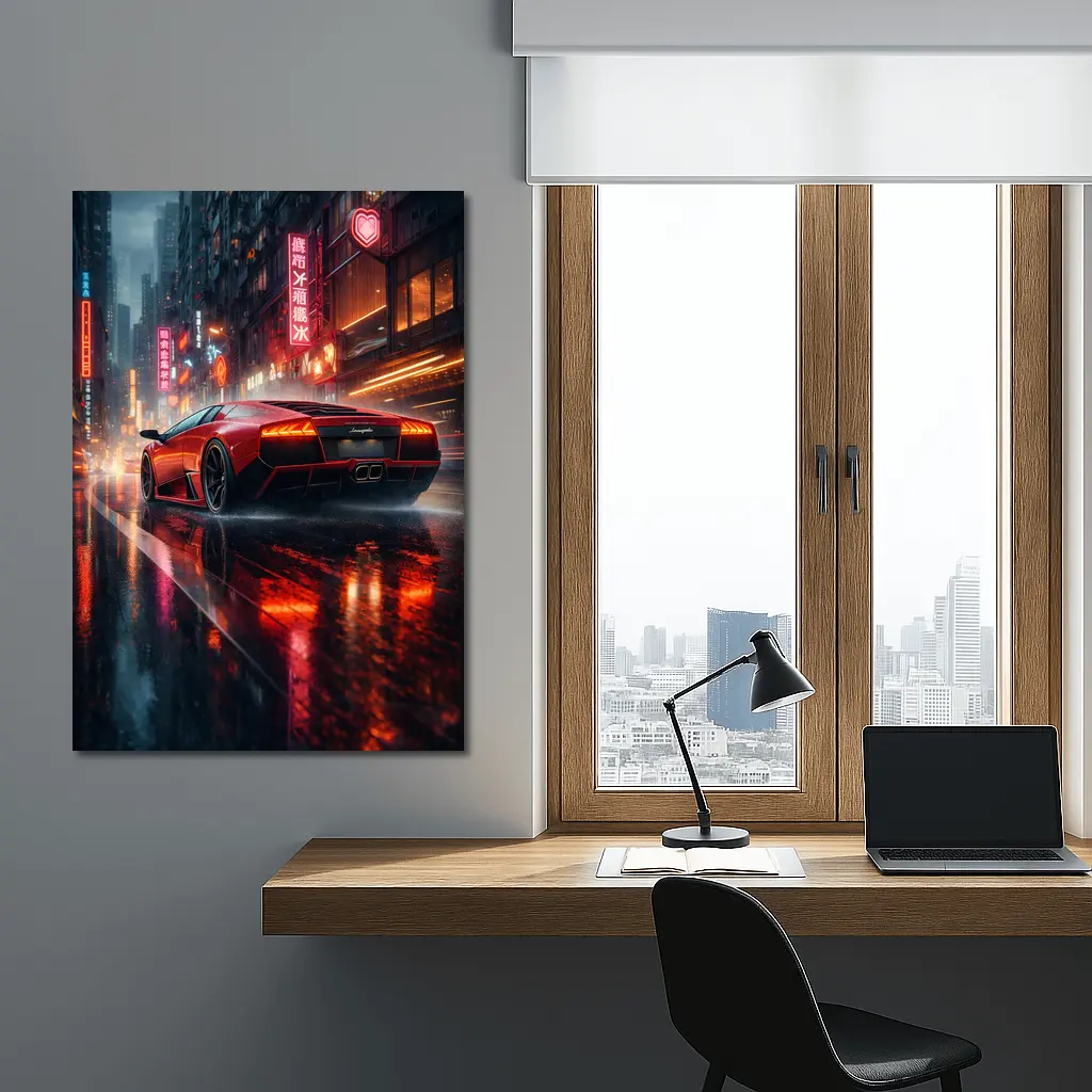 Lamborghini Murcielago Red Rainy Neon City – Wall Art