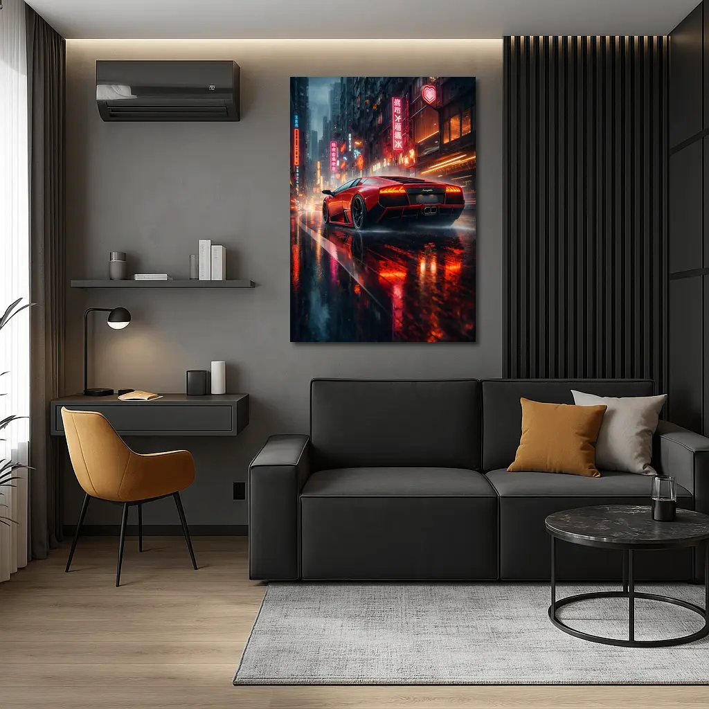 Lamborghini Murcielago Red Rainy Neon City – Wall Art