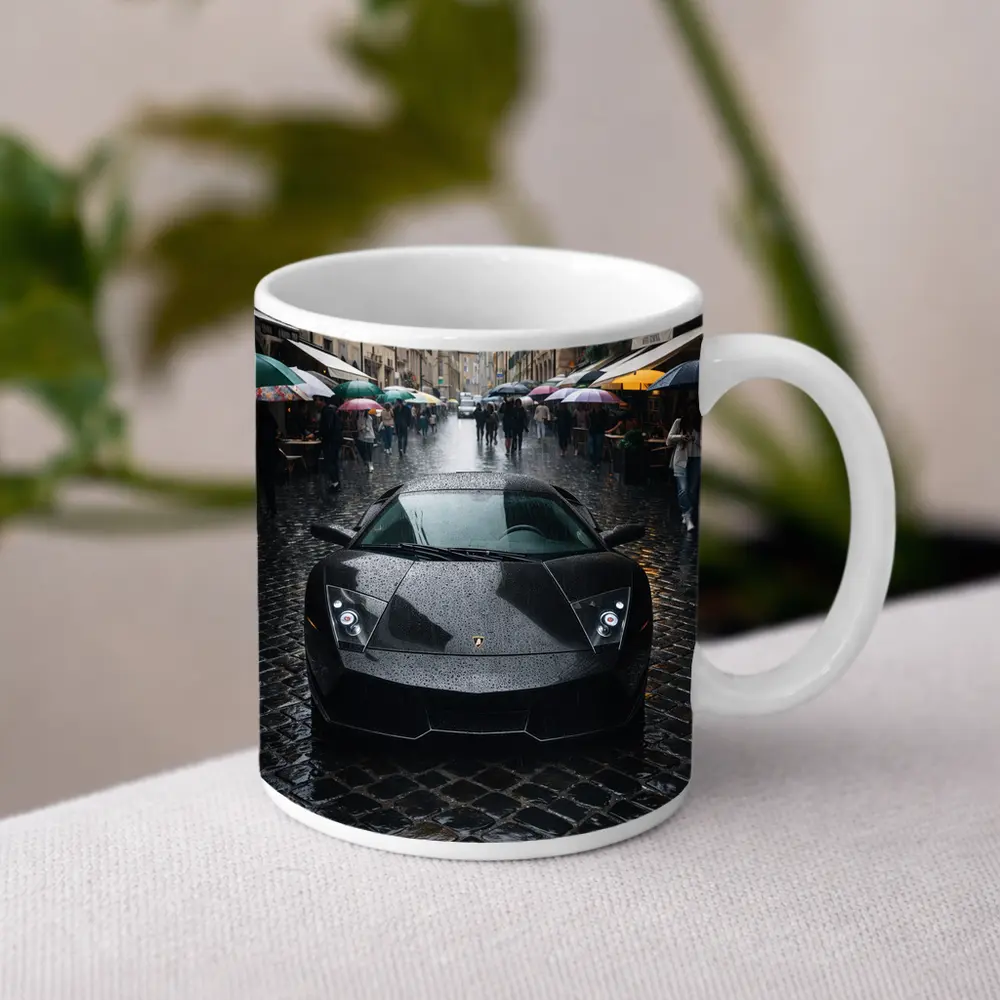 Lamborghini Murcielago Black Rainy City Street – Mugs