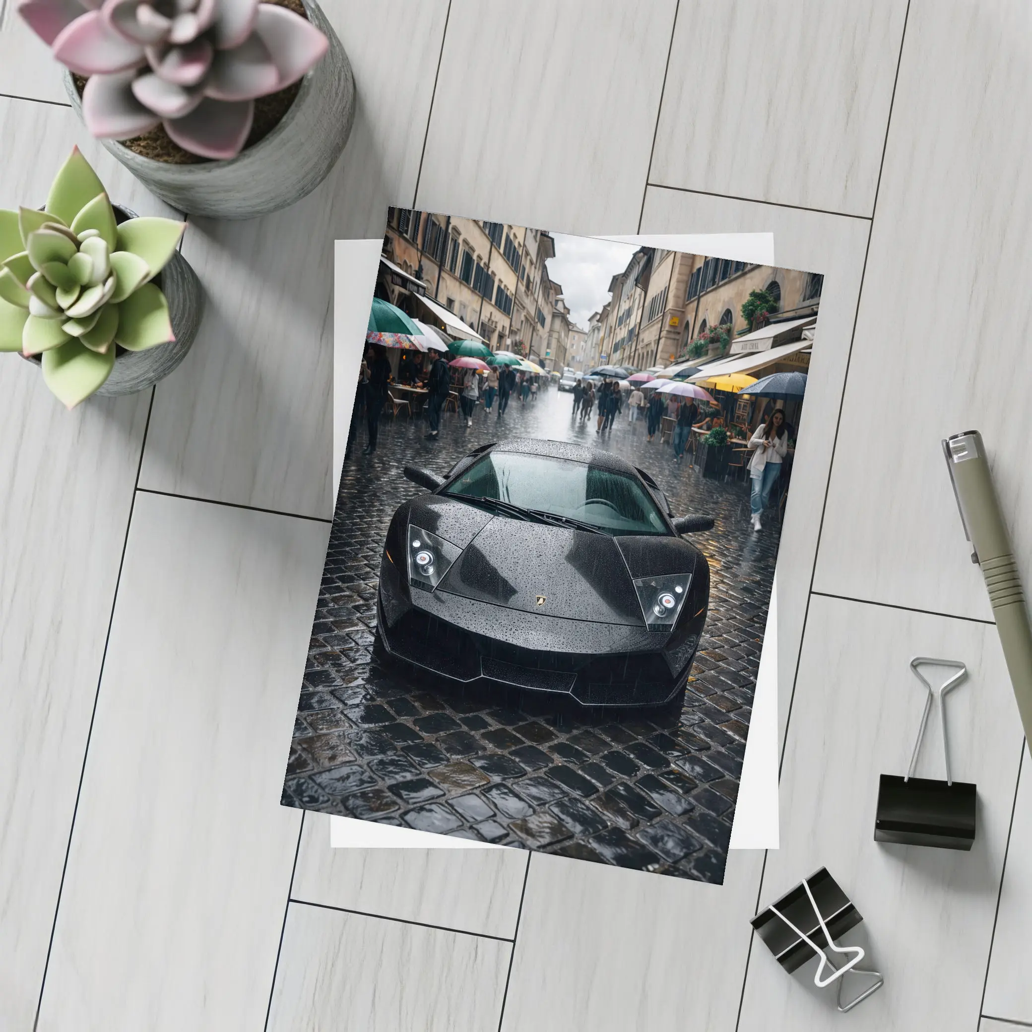 Lamborghini Murcielago Black Rainy City Street – Postcards