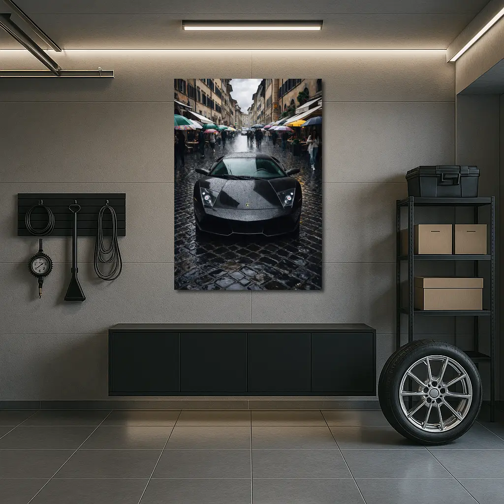 Lamborghini Murcielago Black Rainy City Street – Wall Art
