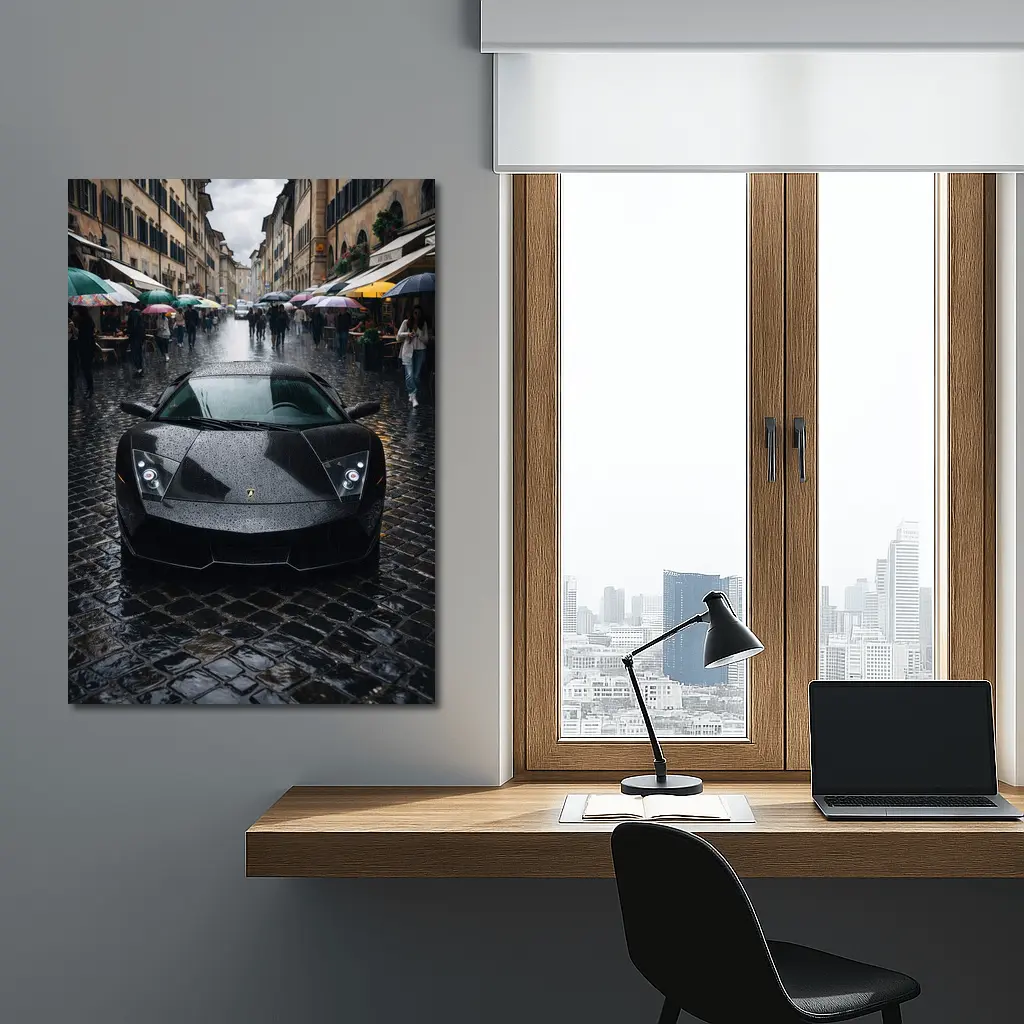 Lamborghini Murcielago Black Rainy City Street – Wall Art