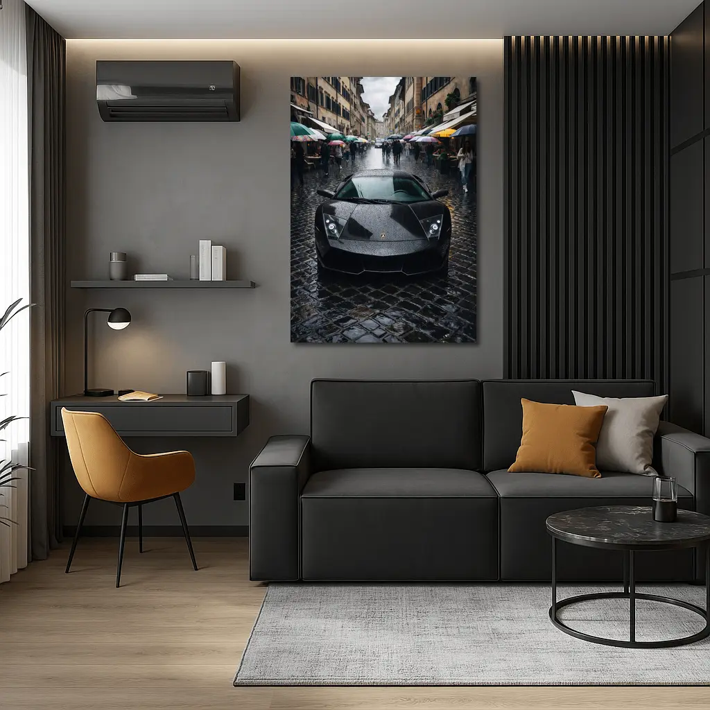 Lamborghini Murcielago Black Rainy City Street – Wall Art