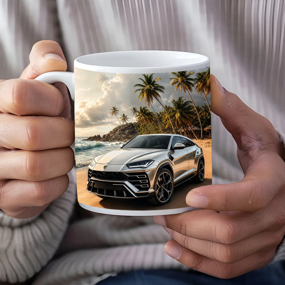 Lamborghini Urus Silver On Tropical Beach – Mugs