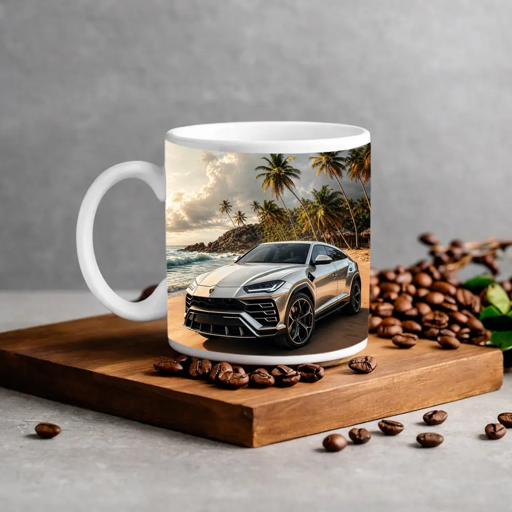 Lamborghini Urus Silver On Tropical Beach – Mugs