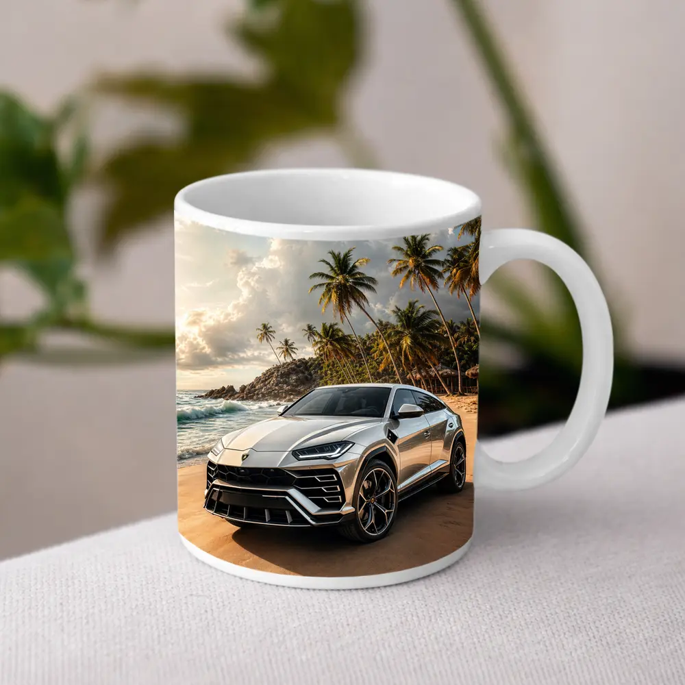 Lamborghini Urus Silver On Tropical Beach – Mugs