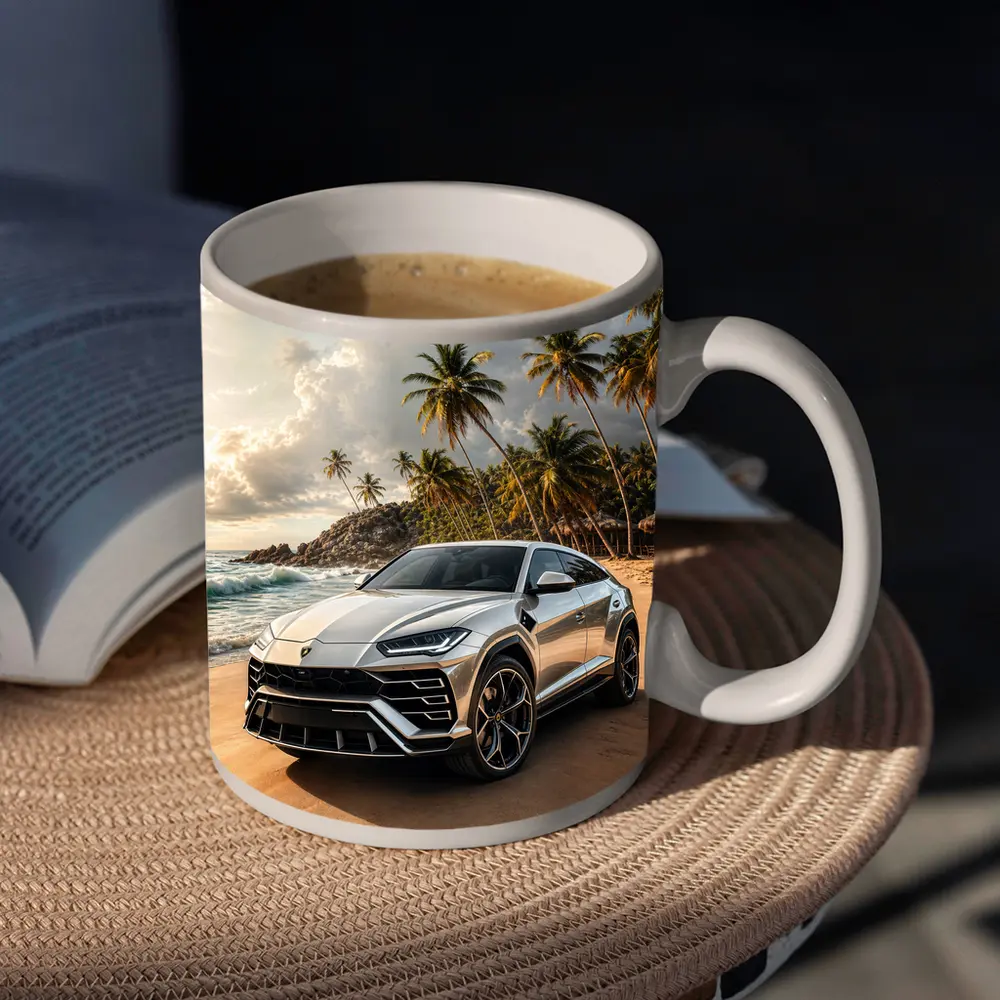 Lamborghini Urus Silver On Tropical Beach – Mugs
