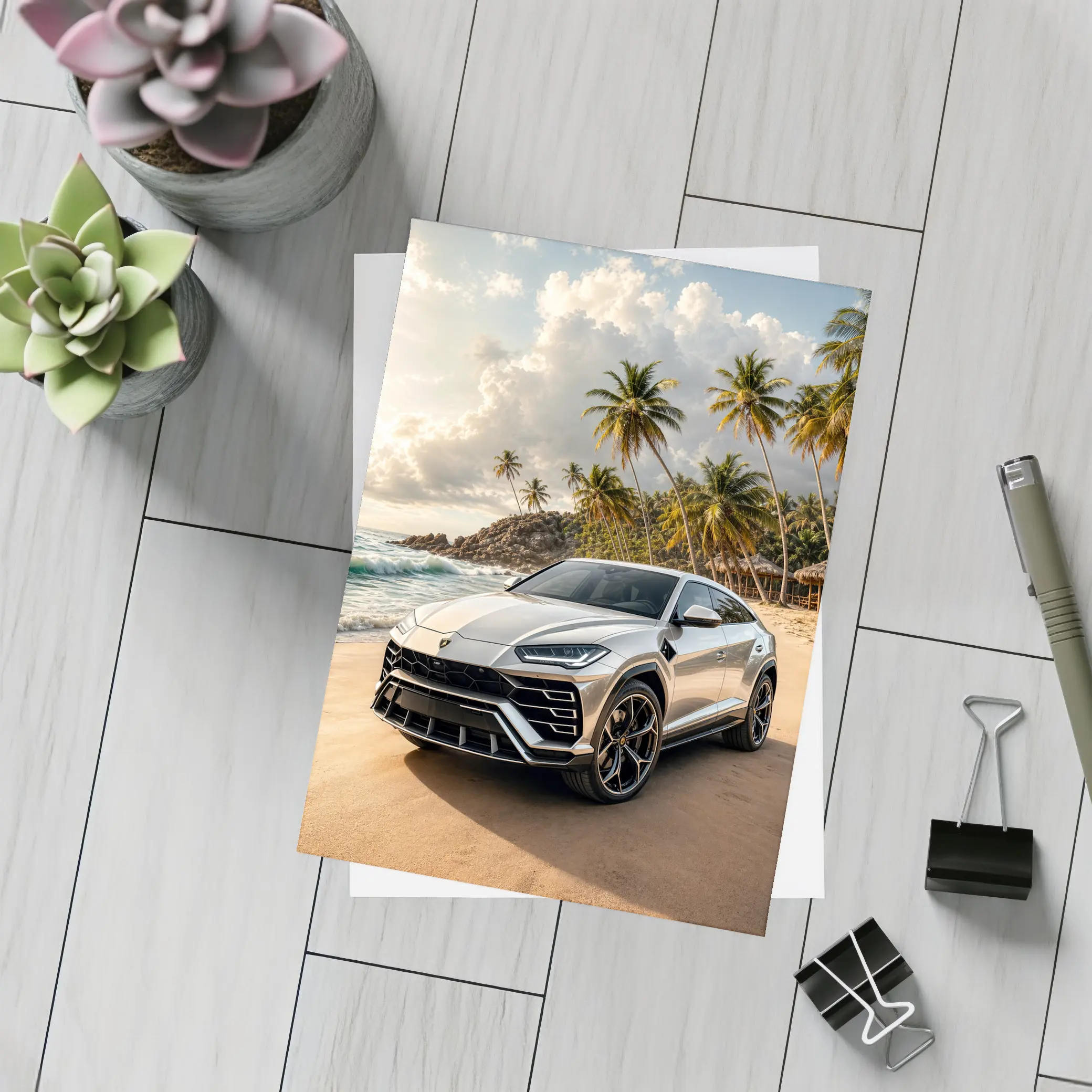 Lamborghini Urus Silver On Tropical Beach – Postcards