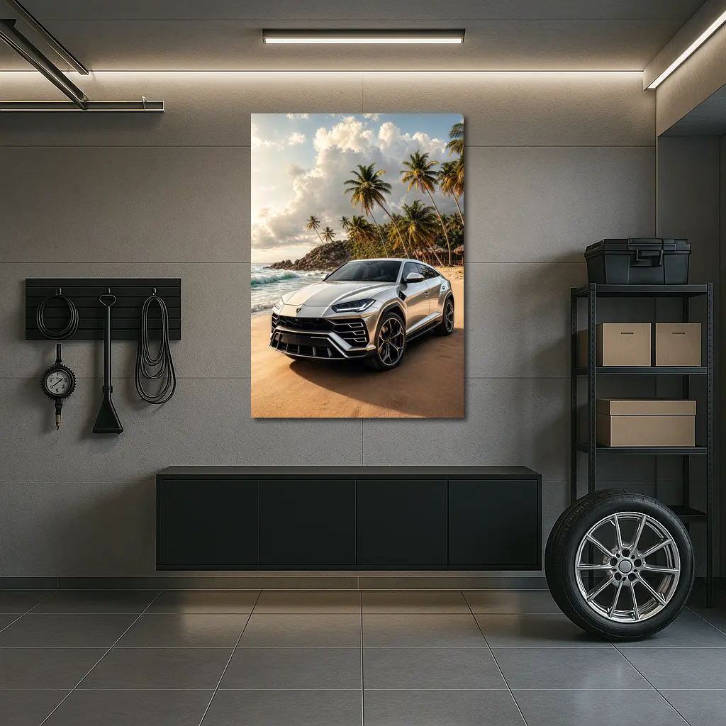 Lamborghini Urus Silver On Tropical Beach – Wall Art