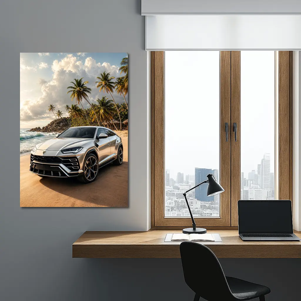Lamborghini Urus Silver On Tropical Beach – Wall Art