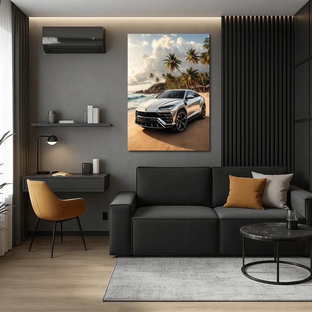 Lamborghini Urus Silver On Tropical Beach – Wall Art