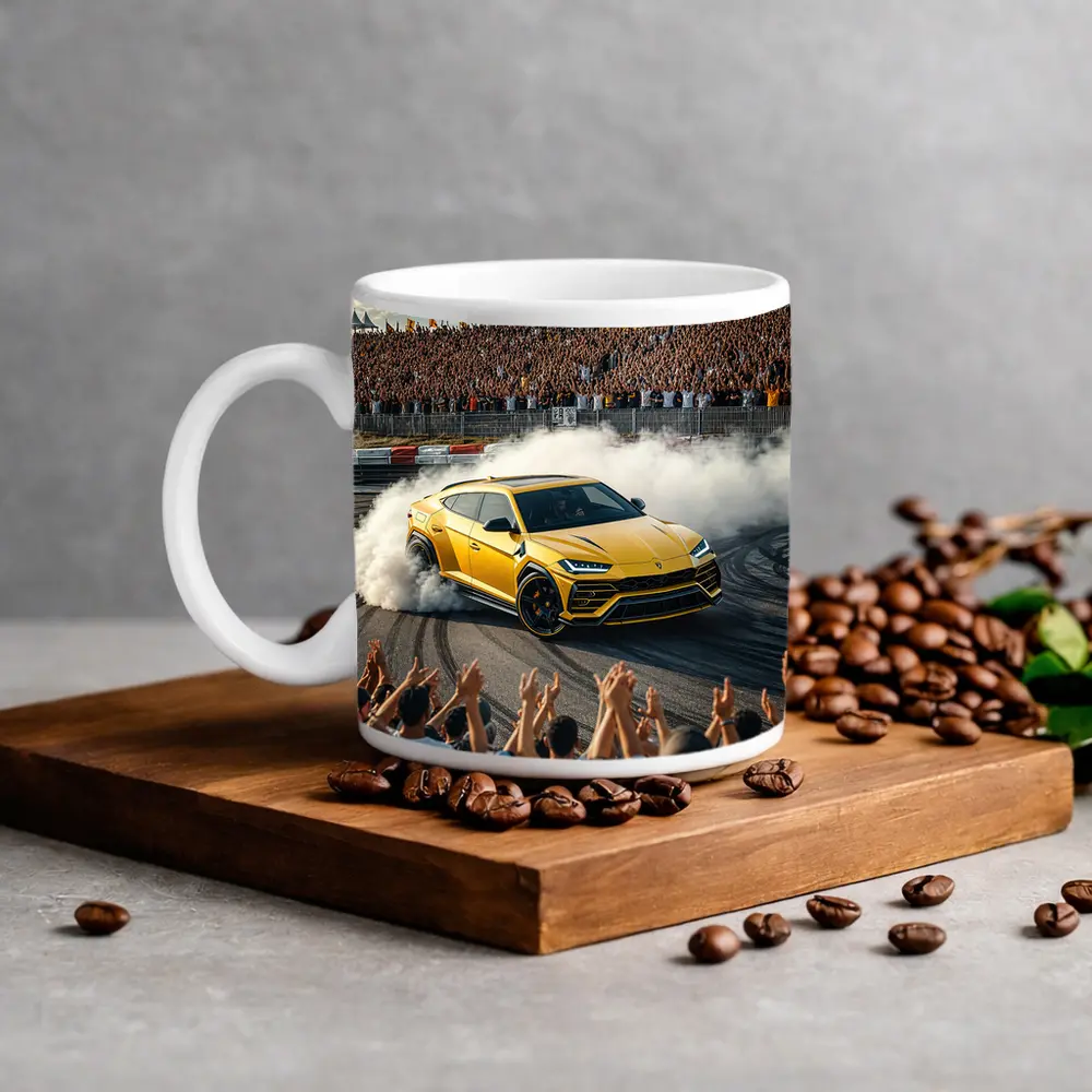 Lamborghini Urus Drifting Yellow at Racing Event – Mugs