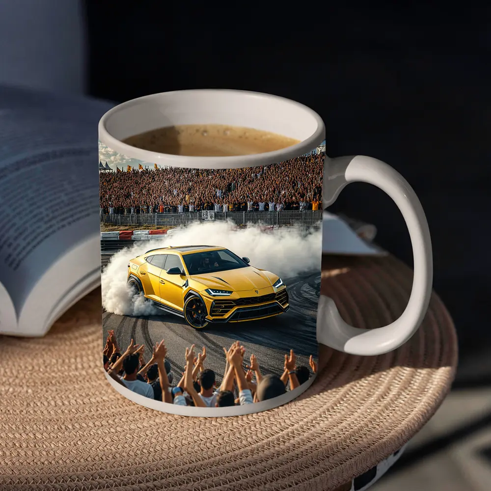 Lamborghini Urus Drifting Yellow at Racing Event – Mugs