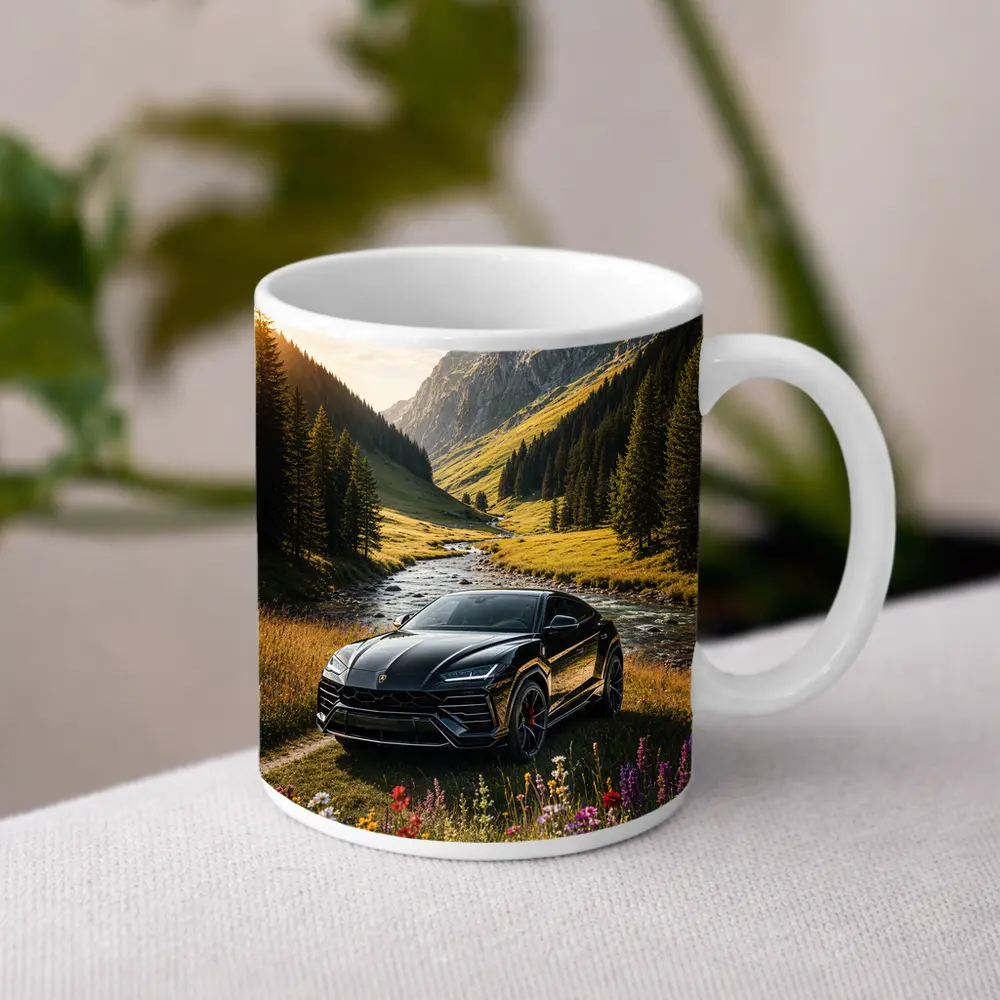 Lamborghini Urus Black Mountain Valley Scene – Mugs