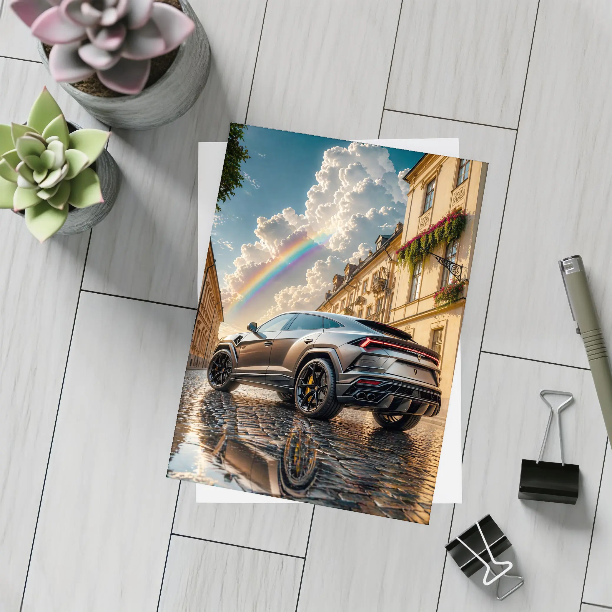Lamborghini Urus Matte Black Cobblestone Rainbow Sky – Postcards