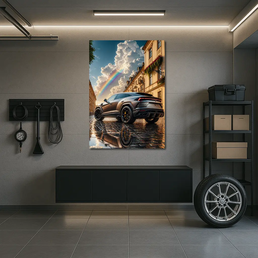 Lamborghini Urus Matte Black Cobblestone Rainbow Sky – Wall Art