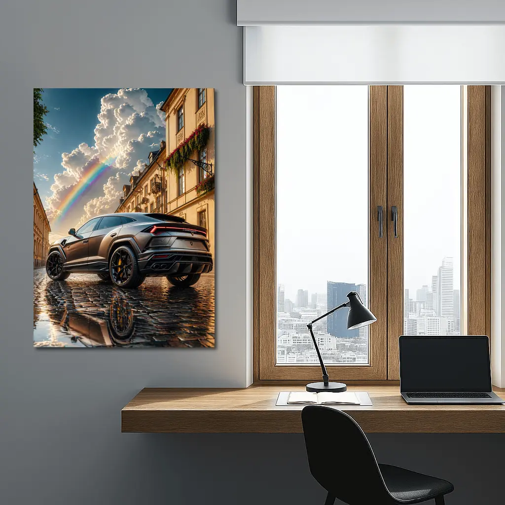 Lamborghini Urus Matte Black Cobblestone Rainbow Sky – Wall Art