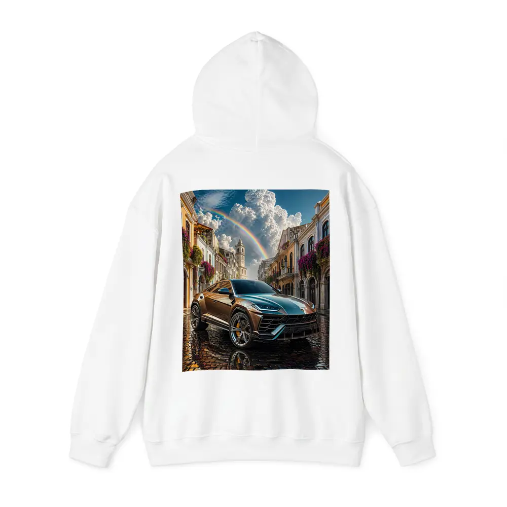Lamborghini Urus On Cobblestone Street Rainbow Sky – Hoodies